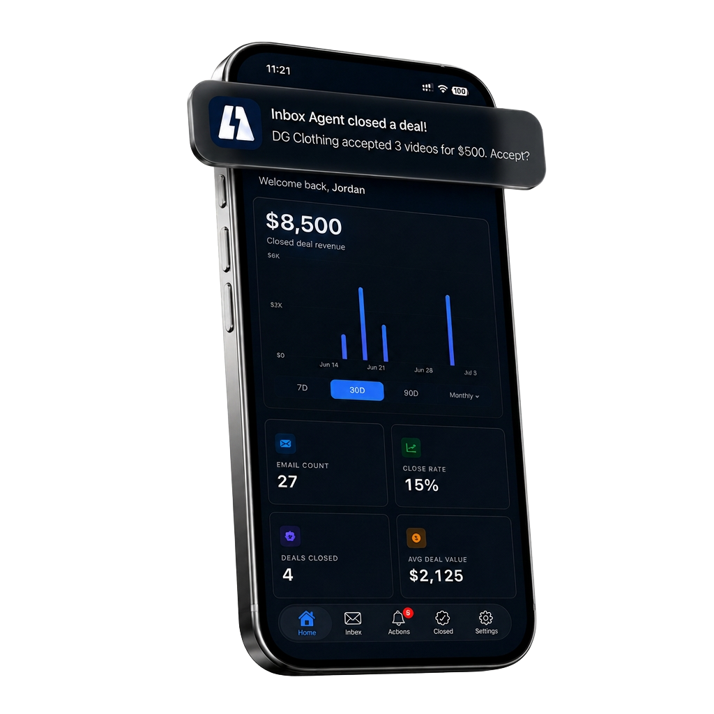 Inbox Agent mobile app showing closed deal notification and revenue dashboard