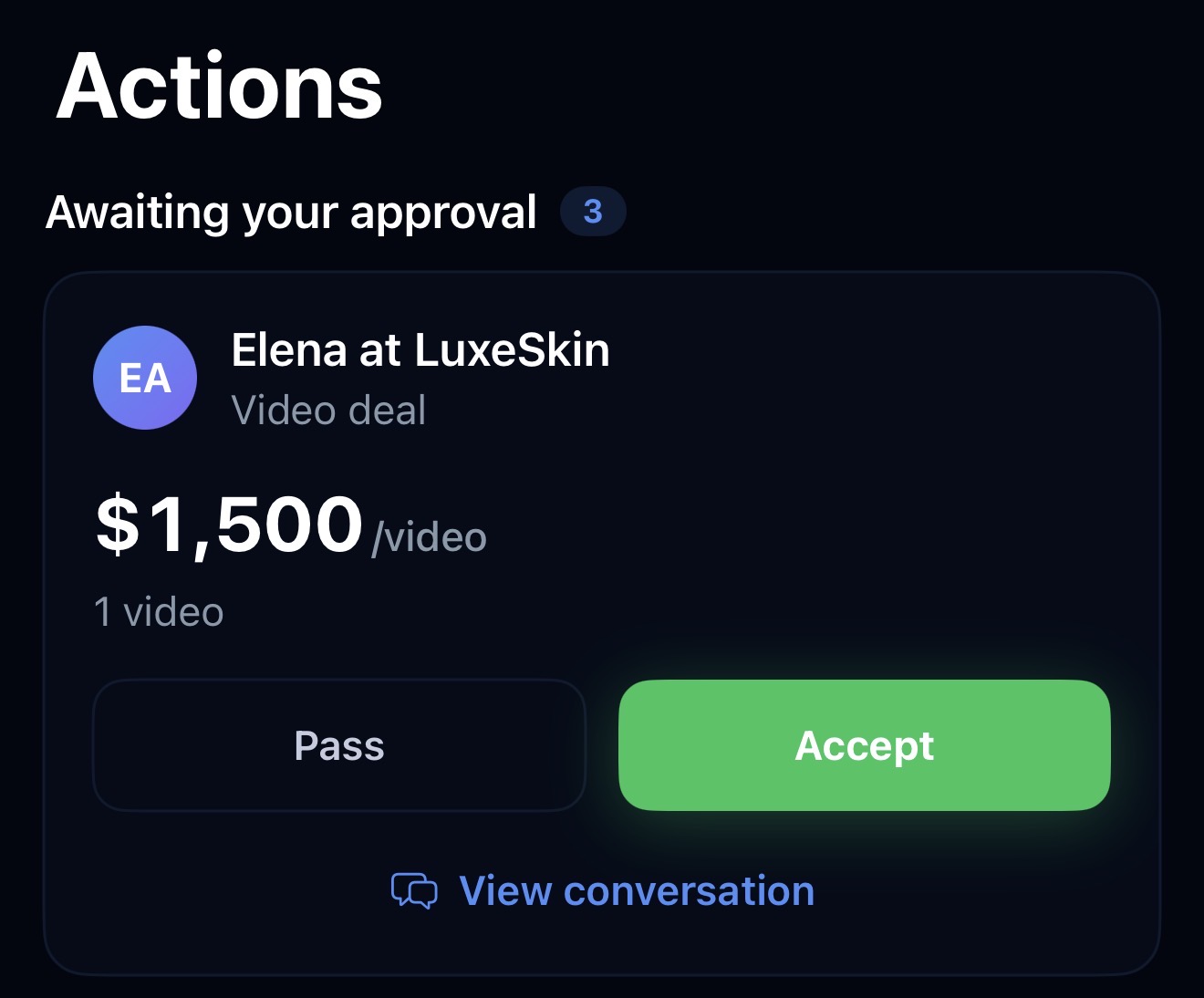 Approval card showing a pending deal